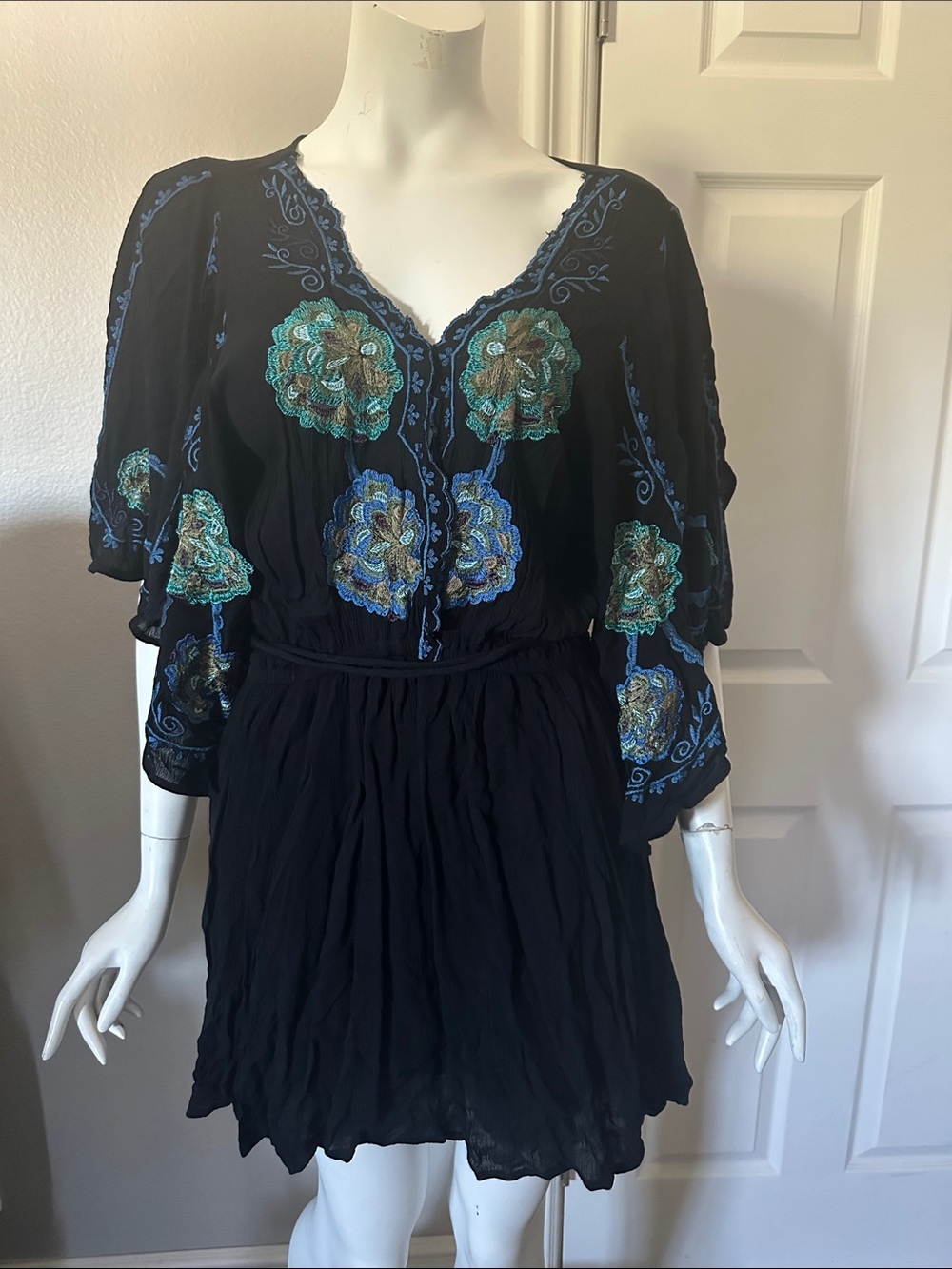 Free People Black Dress with Blue and Teal Embroidery